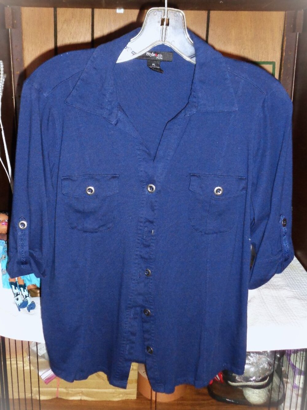 EXCELLENT STYLE&CO DARK NAVY BLUE CAMP SHIRT-SIZE PETITE LARGE-